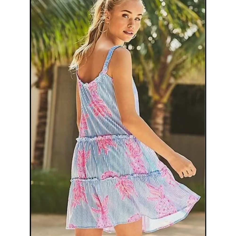 Lilly Pulitzer Loro‎ Dress Rum Swizzle Tiered Ruffle Tank Dress Large Blue Pink